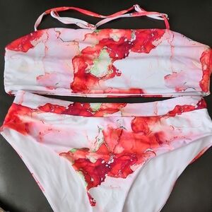 Red and White Abstract Bikini Set
